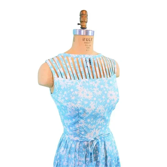 Vintage 1950s Sun Dress Caged Bodice Aqua Floral Sue BrettW 26
